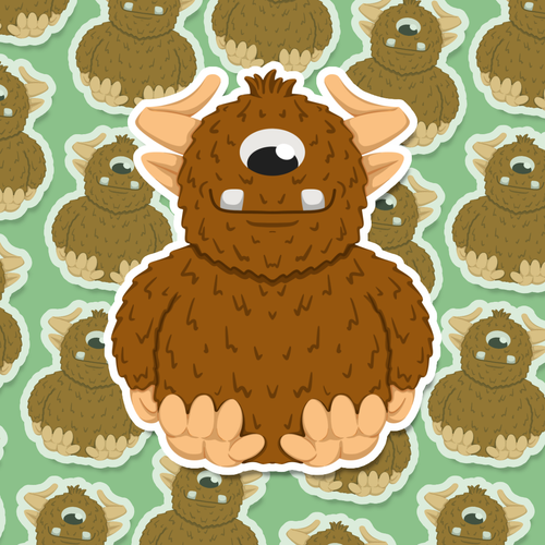 Cartoon brown creature with large eyes horns and a friendly smile.