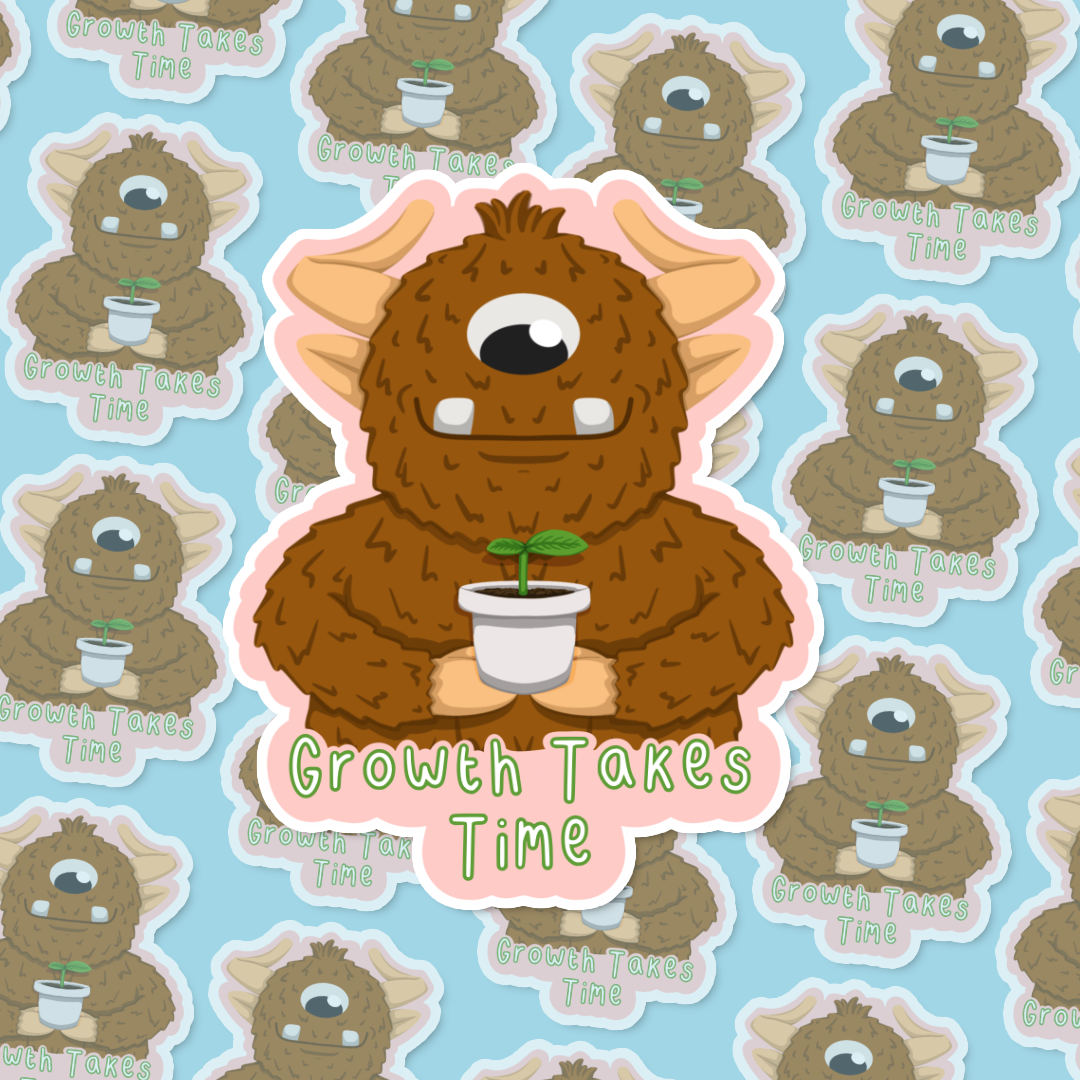 Cartoon yeti creature holding a potted plant with 'Growth Takes Time' text on a pale pink background.