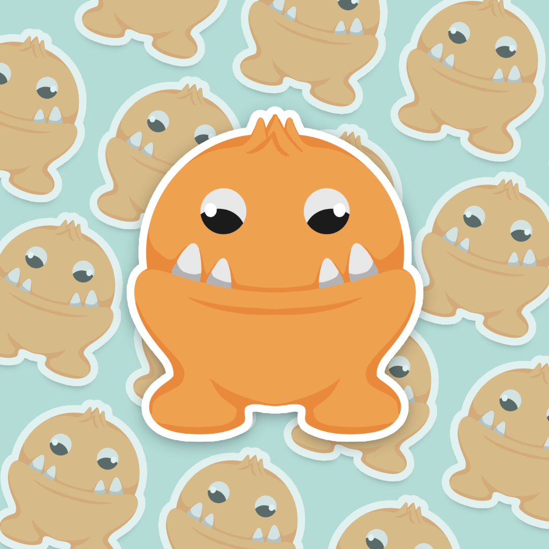 Orange cartoon monster on a light blue background with repeated pattern