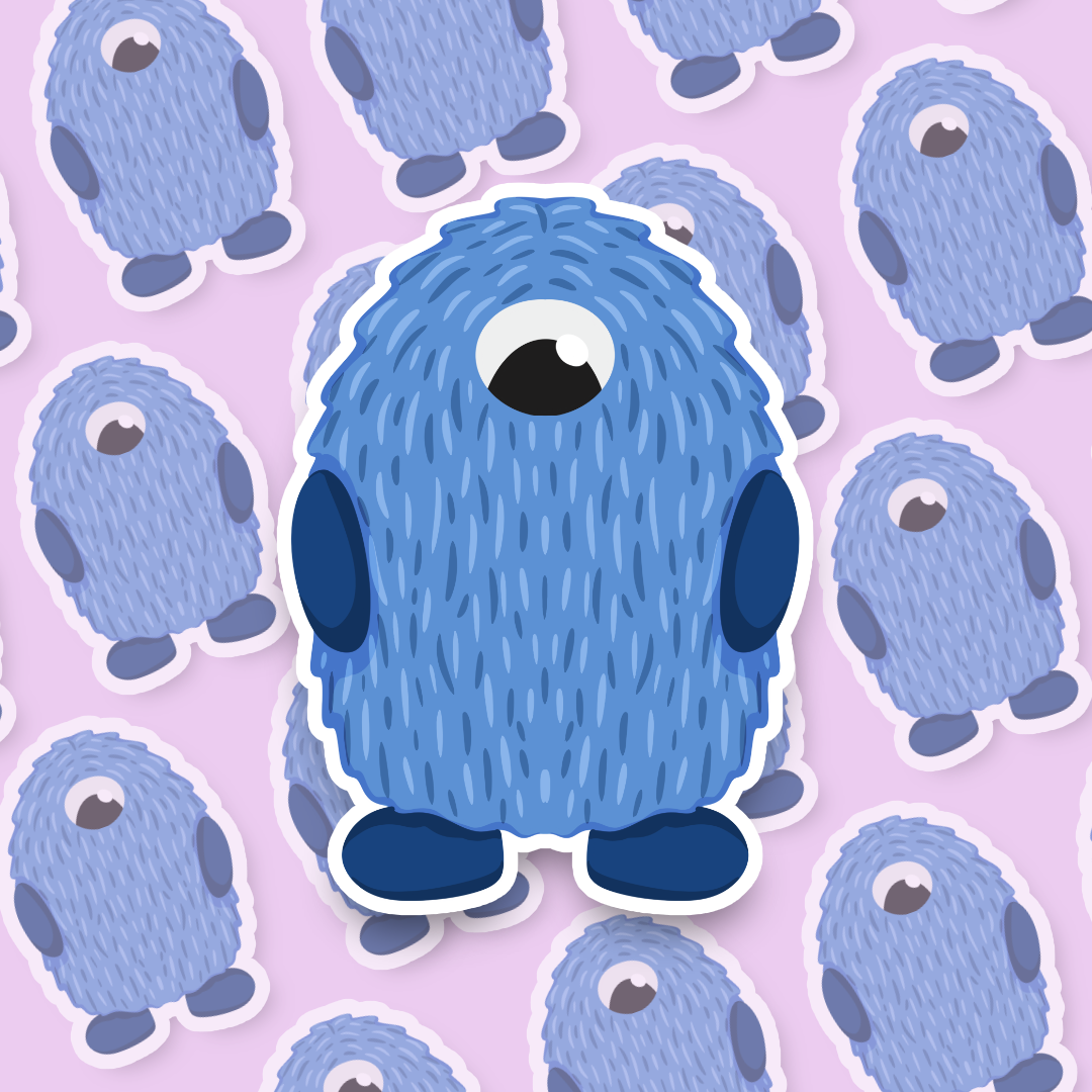 Blue cartoon creature on a purple background with similar creatures patterned around it