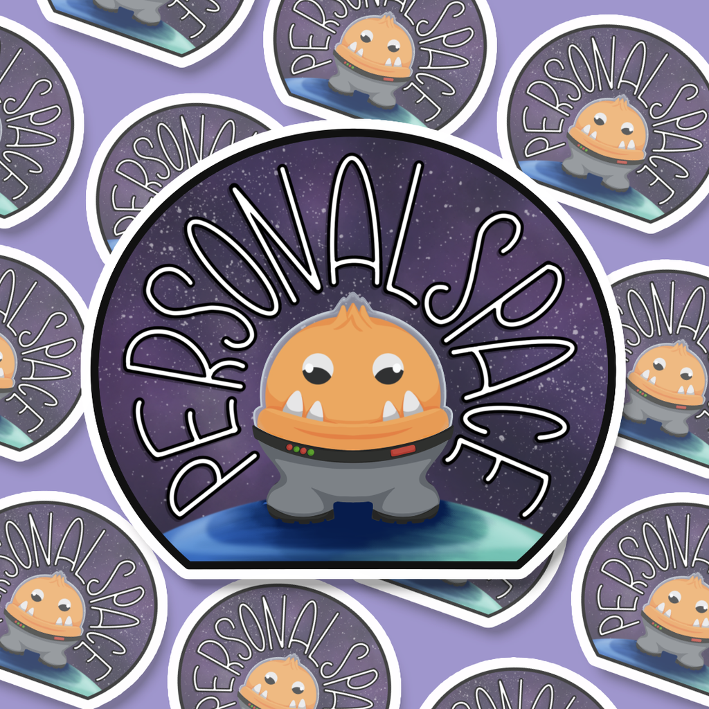 Sticker with 'Personal Space' text and a cartoon character in astronaut suit on a planet in space. 