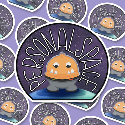 Sticker with 'Personal Space' text and a cartoon character in astronaut suit on a planet in space. 