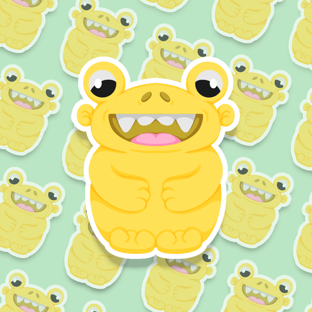 Yellow cartoon monster character on a light green background
