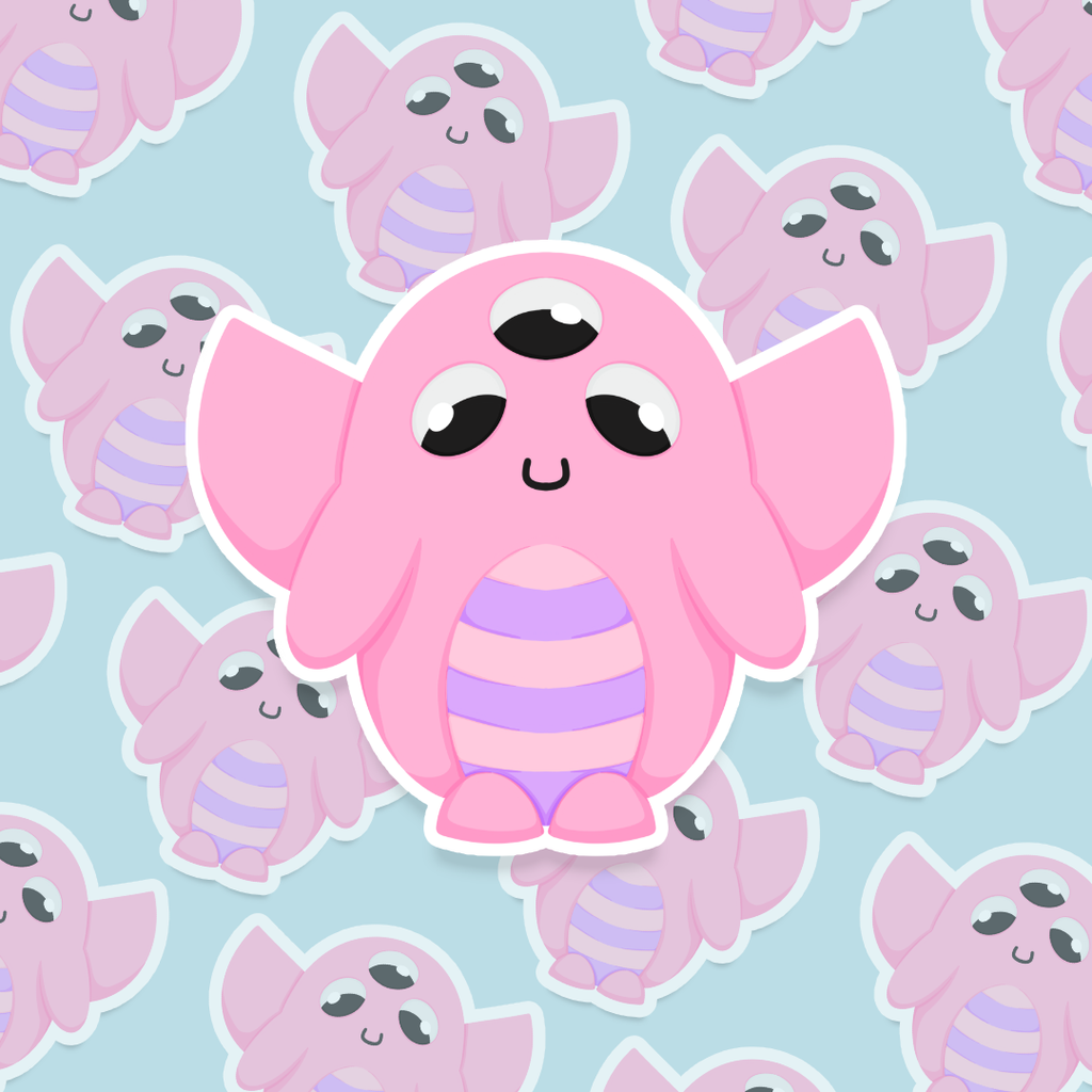 Cute pink creature with striped belly and wings.