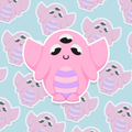 Cute pink creature with striped belly and wings.