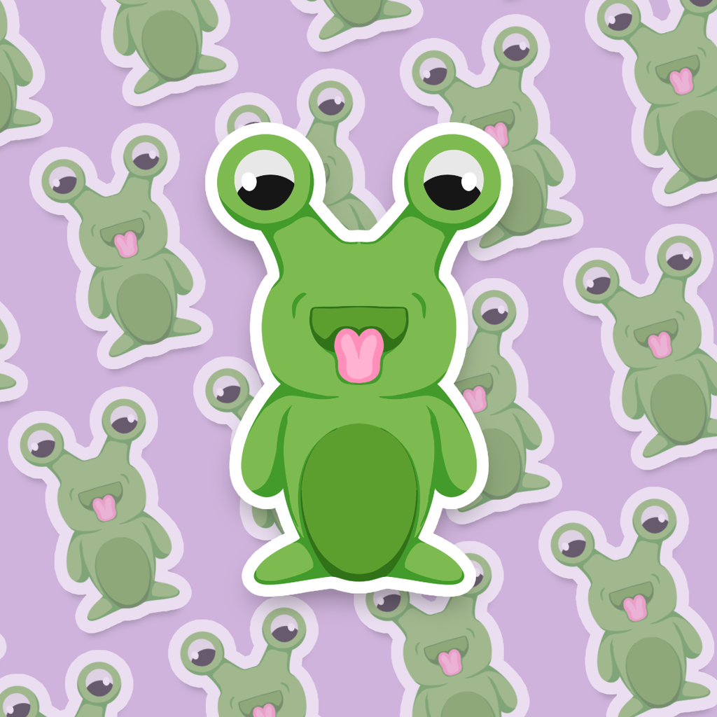 Green cartoon creature with a pink tongue poking out. 