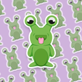 Green cartoon creature with a pink tongue poking out. 