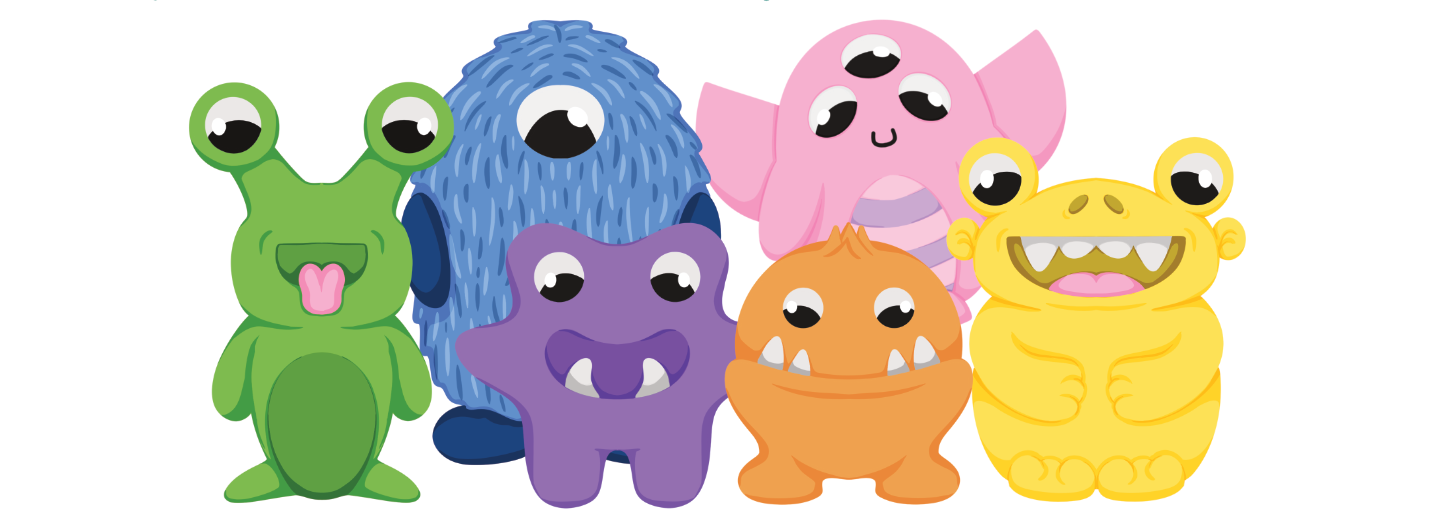 Five colorful cartoon monsters with the text 'World of Thoodles' and 'Create Imagine Enjoy' on a white background.