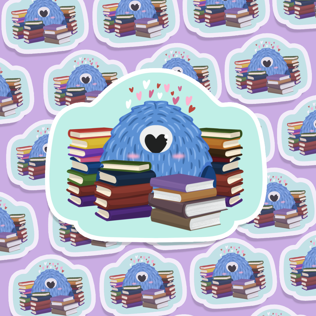 Sticker design of a blue creature with books on a purple background